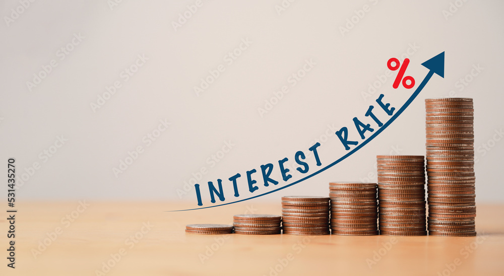 Poster increasing of coins stacking with arrow and percentage on wooden table for financial planing and int