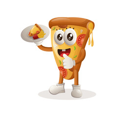 Cute pizza mascot serving food, waiters