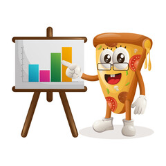 Cute pizza mascot gives report presentation, shows column graphics