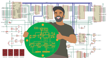 A male engineer holds in his hands
a round board of an electronic device against the background of 
an electrical circuit drawing.
A complex large electrical circuit of an electronic device.