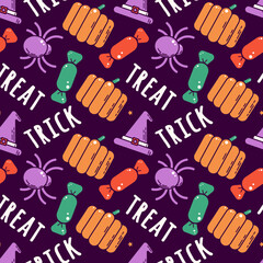 Seamless Halloween pattern. Pumpkin, spider, witch hat, candy, trick or treat text. Bright festive vector illustration for wrapping paper, wallpaper, textile print, background. Colorful flat line art