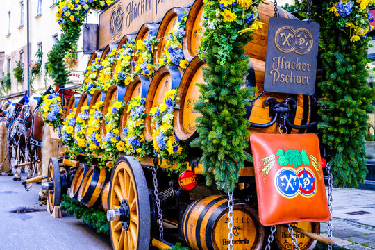 Munich, Germany - September 17: traditional brewery parade wagon when the innkeepers move in at the oktoberfest in Munich on September 17, 2022
