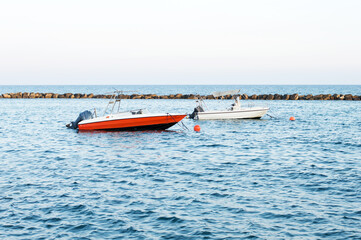 Two white motor boats at sea, nature