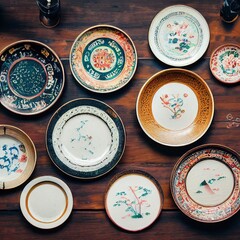 Verschiedene alte Teller auf einen Tusch