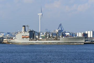 United States Navy USNS Tippecanoe (T-AO-199), Henry J. Kaiser-class replenishment oiler anchored at Yokohama Port in Japan.