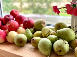 Red apples and green pears on the windowsill.