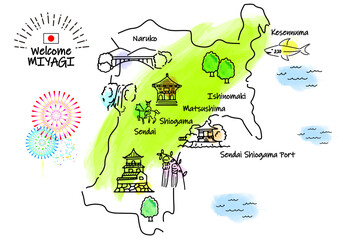 宮城県の観光地のシンプル線画イラストマップ