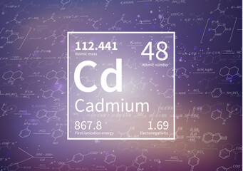 Cadmium chemical element with first ionization energy, atomic mass and electronegativity values on scientific background