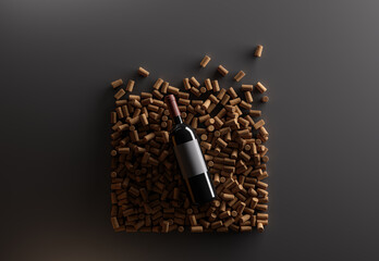 Top view of red wine bottle over wine corks