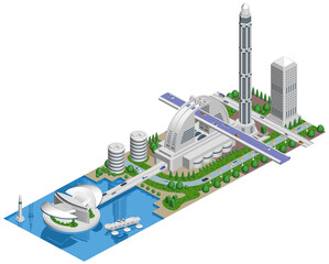 Obraz premium ブロックのように組み合わせれば大きな未来都市になる街並みイラスト バリエーションあり