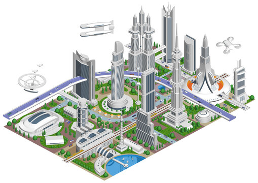 ブロックのように組み合わせれば大きな未来都市になる街並みイラスト　バリエーションあり
