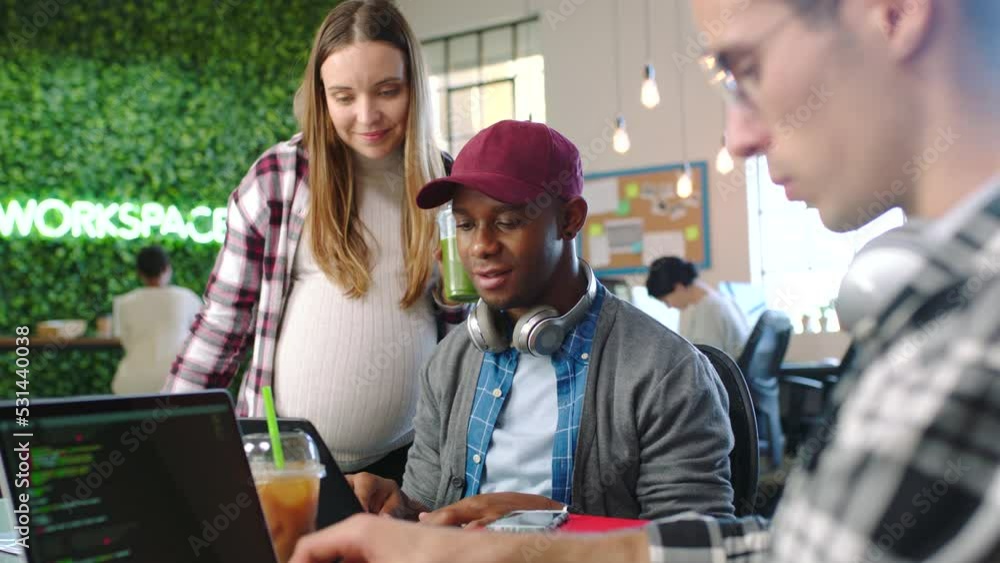 Poster Pregnant woman, laptop coding or teamwork help in collaboration digital software innovation with business people. Cyber security, web design or programming code for technology app in creative office