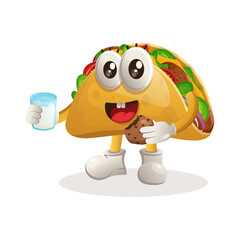 Cute taco mascot drink milk and eat cookie