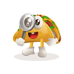 Cute taco mascot conducting research, holding a magnifying glass