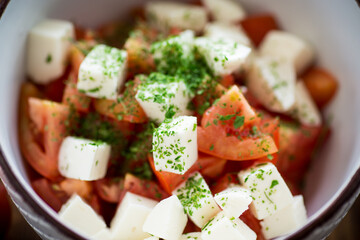 salad of fresh ripe tomatoes with mozzarella and spices in a bowl