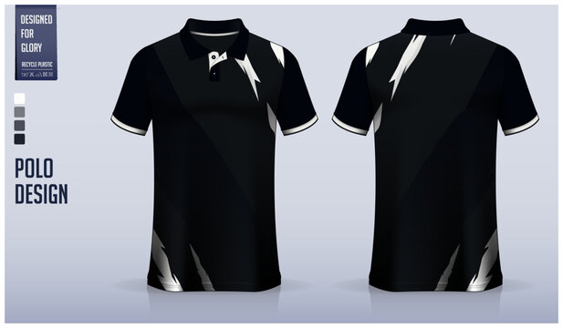 Black polo shirt mockup template design for soccer jersey, football kit, golf, tennis, sportswear. Brushstroke pattern.