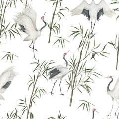 Watercolor seamless pattern with cranes and bamboo. Hand drawn  illustration on white background. Vintage print