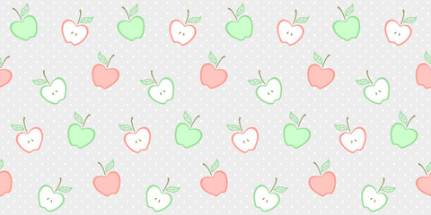 Green and red apples with a leaf on a light gray polka dots background. Fruit. Vector seamless pattern for surface texture, wrapping paper, packaging, cover, country fair, farm market and food store