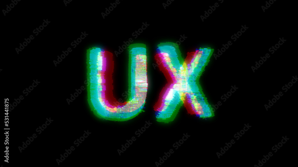 Poster cybernetic text ux with heavy chromatic aberrance distortion, isolated - object 3d illustration