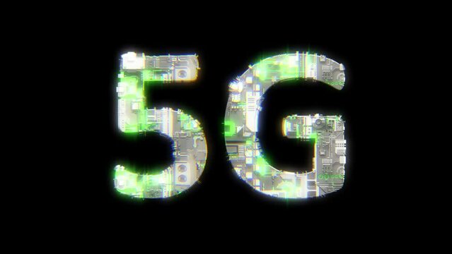 cybernetical text 5G with chromatic aberrance and glitch effects, isolated