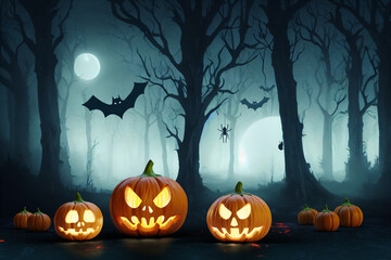 Creepy pumpkin jack o lanterns on a dark night with a full moon. Halloween background. Creepy...