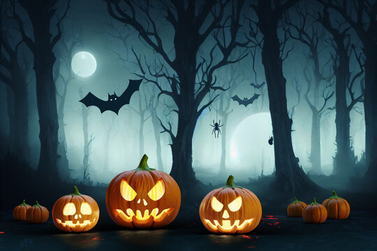 Creepy pumpkin jack o lanterns on a dark night with a full moon. Halloween background. Creepy mystical forest.