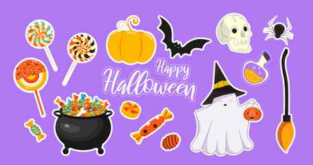 Halloween stickers set, trick or treat prints. Ghost, skull, pot of sweets, candy lollipop, spider, bat, potion, broom, pumpkin flat cartoon vector illustration.