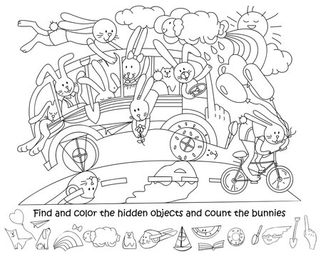 Bunnies travel by bus. Find and color the hidden objects and count the rabbits. Funny puzzle educational game for kids. Coloring book.  Sketch Vector illustration.