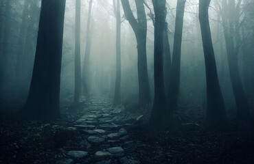 dark misty forest in autumn digital illustration