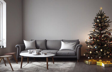 christmas tree in cozy modern living room digital illustration