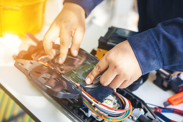 Fusion of Fiber Optics Cable Internet signal splicing and wire connection using equipment, optical...