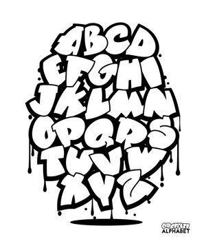 Graffiti alphabet. Comic style hand drawn font isolated on white background.