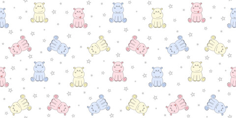 Colorful sitting hippos on a white background with small gray stars. Endless texture with cute tiny behemoths. Vector seamless pattern for surface texture, cover, wrapping paper or printing on clothes