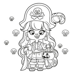 Obraz na płótnie Canvas Cute cartoon long haired girl in Halloween pirate dress with bucket pumpkin for trick or treat outlined for coloring page on white background