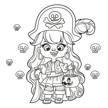 Cute cartoon long haired girl in Halloween pirate dress with bucket pumpkin for trick or treat outlined for coloring page on white background