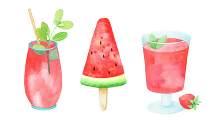 watercolor illustration of summer fruit and berry cocktails, isolated