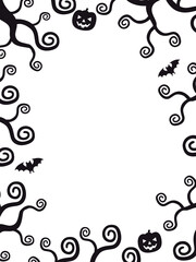 ハロウィンのフレーム素材　カボチャのお化けとコウモリ　モノクロ（1_1）　タテ