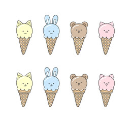 Colorful ice cream cones with cute animals, isolated on a white background. Summer food and dessert with funny pets. Vector set of kawaii sweet characters for ice cream shop, confectionery, packaging