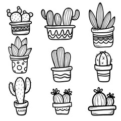 Set of Cute hand drawn vector cactuses in the pots. Simplere vector hand drawn illustration. Home plants