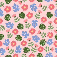 Modern fashionable vector ditsy floral seamless pattern design of flowers and leaves. Elegant repeat blooming foliage texture background for textile