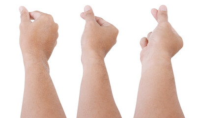  Male asian hand gestures isolated over the white background. Grab Thing with Two fingers Action.