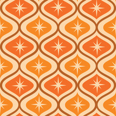 Mid century modern atomic starburst on orange, amber ogee ovals seamless pattern. For home décor, wallpaper and textile  