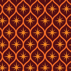 Mid century modern orange atomic starburst on brown ogee seamless pattern. For home décor, wallpaper and textile 