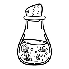 Vector doodle bottle of magic potion. Witchcraft glass bottle. Alchemy elixir in glass flask. Hand drawn illustration of witch poison with leaves, flowers and floral