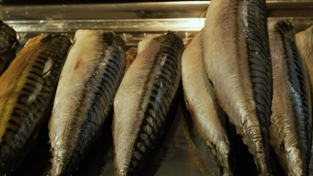 Smocked mackerel or scomber in a fish market. Seafood. Tasty food. 4k video