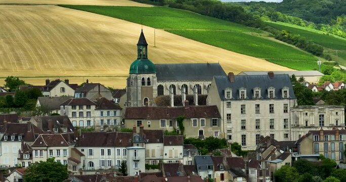 Aerial view of the French city of Joigny. Joigny is a commune in the Yonne department in Bourgogne-Franche-Comte in north-central France