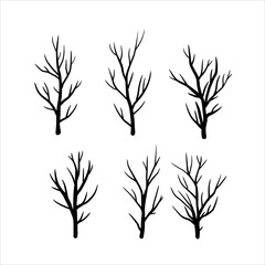 Black silhouette of branch and tree. Set of simple abstract natural wood