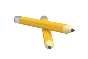 Two wooden pencils with eraser isolated on white background. 3d render