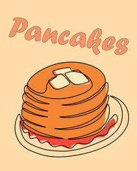 Breakfast. Pancakes stack. Tasty lunch. Cakes plate. Sweet food. Morning delicious meal. Bakery with syrup and butter. Cafe menu poster. Yummy pastry. Vector line drawing color illustration