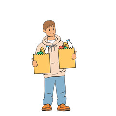 Friendly young man, courier. He holds a bag of groceries in his hand. Smiling and showing thumbs up. The concept of fast food delivery to your home. Modern stock vector illustration of food delivery.